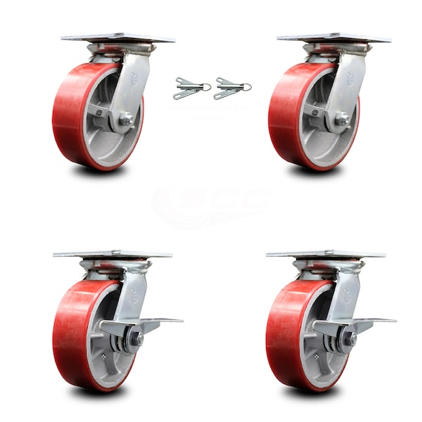 6 Inch Red Poly on Cast Iron Swivel Caster Swivel Locks 2 Brakes SCC, 2PK